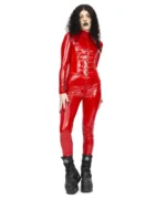 Glossy Latex Look Zip-Up Catsuit | Gothic Vinyl Bodysuit Jumpsuit (Black | Red) - Image 6