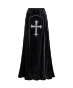 Gothic Velvet Maxi Skirt with Embroidered Cross Black Occult Long Skirt - Image 2