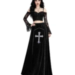 Gothic Velvet Maxi Skirt with Embroidered Cross Black Occult Long Skirt