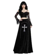 Gothic Velvet Maxi Skirt with Embroidered Cross Black Occult Long Skirt