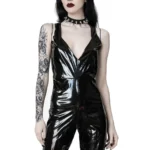 Black Vinyl Gothic Jumpsuit with Deep V Neck Alternative Latex Look Playsuit