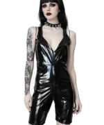 Black Vinyl Gothic Jumpsuit with Deep V Neck Alternative Latex Look Playsuit