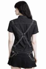 Gothic Lace-Up Utility Shirt | Black Short Sleeve Top with Contrast Stitching, D‑Rings and Corset Detail - Image 3