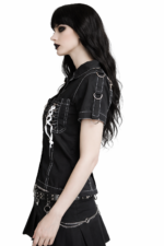 Gothic Lace-Up Utility Shirt | Black Short Sleeve Top with Contrast Stitching, D‑Rings and Corset Detail - Image 2