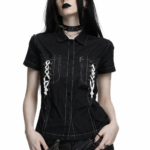 Gothic Lace-Up Utility Shirt | Black Short Sleeve Top with Contrast Stitching, D‑Rings and Corset Detail