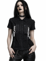 Gothic Lace-Up Utility Shirt | Black Short Sleeve Top with Contrast Stitching, D‑Rings and Corset Detail