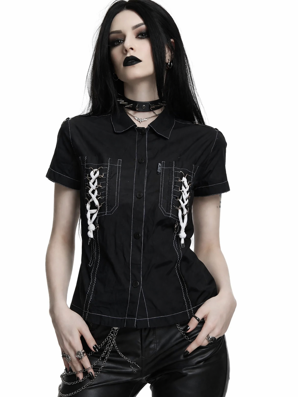 tshirt whitestraps Gothic Lace-Up Utility Shirt | Black Short Sleeve Top with Contrast Stitching, D‑Rings and Corset Detail - Image 1