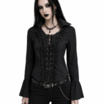 Demonyx Midnight Lace Up Gothic Blouse | Black Ruffle Corset Top
