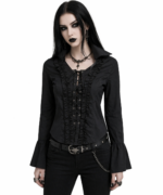 Demonyx Midnight Lace Up Gothic Blouse | Black Ruffle Corset Top