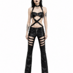 Handcrafted Gothic Harness Top & Cut Out Flared Pants Set | Black Alternative Outfit