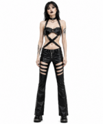 Handcrafted Gothic Harness Top & Cut Out Flared Pants Set | Black Alternative Outfit