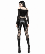 Gothic Lace Panel Faux Leather Leggings | Black Rose Mesh Detail - Image 3