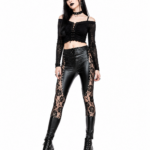 Gothic Lace Panel Faux Leather Leggings | Black Rose Mesh Detail