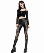 Gothic Lace Panel Faux Leather Leggings | Black Rose Mesh Detail