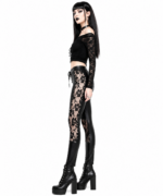 Gothic Lace Panel Faux Leather Leggings | Black Rose Mesh Detail - Image 2